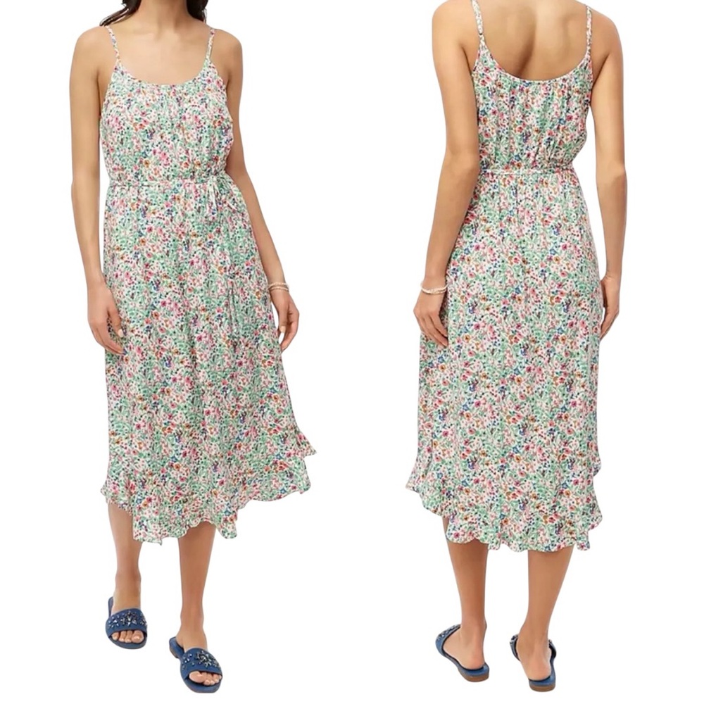 J.CREW Midi Dress Women Floral Ruffle NEW Curved Hem Tie-Waist Viscose Sz 6